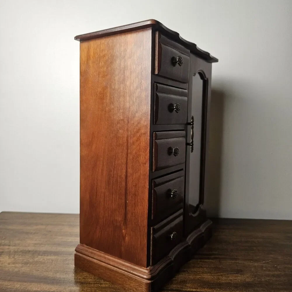 Vintage Wooden Jewelry Armoire 5 Drawer Mirrored Glass Door Jewelry Organizer
